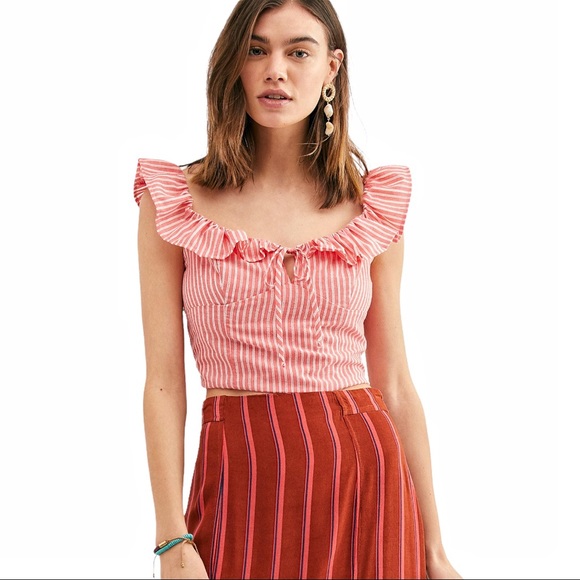 Free People Tops - Free People Cotton Young Love Striped Coral Top XL